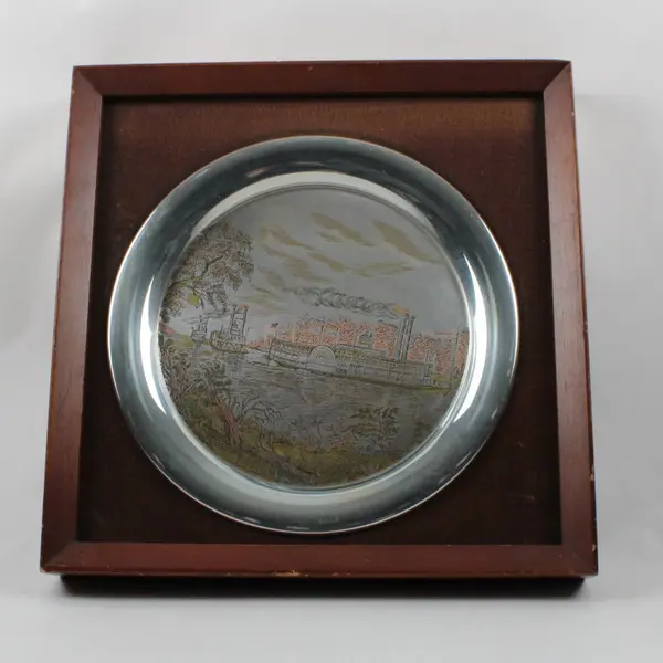 Reed & Barton Currier & Ives Riverboat Collector Plate 12in Wood Frame