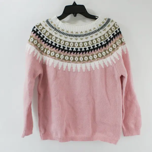 Women's Fair Isle Sweater M Pink Black Beige White/Cream 100% Polyester