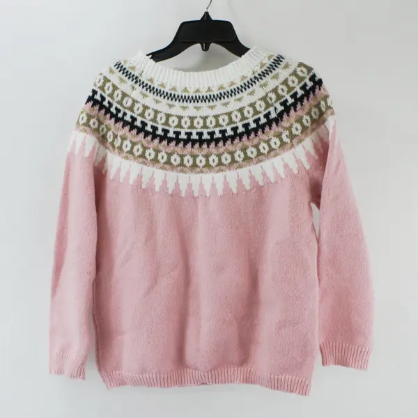 Women's Fair Isle Sweater M Pink Black Beige White/Cream 100% Polyester