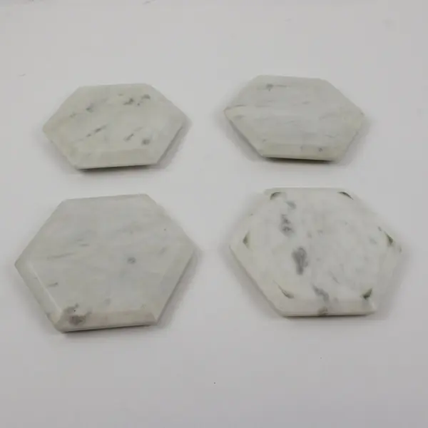 Set of 4 White Marble Hexagon Coasters Tabletop Drink Holders