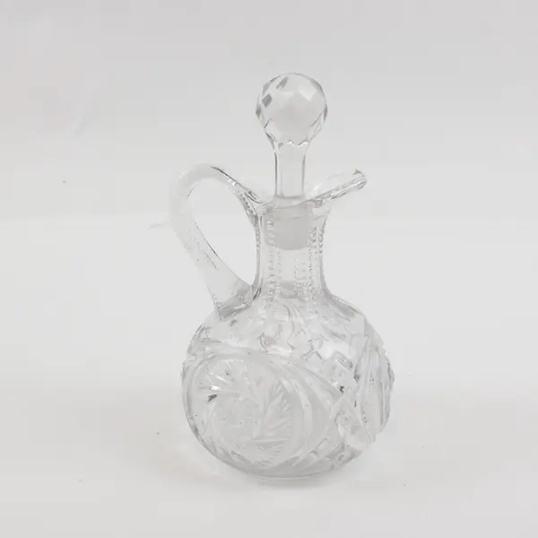 Cut Glass Oil & Vinegar Cruet with Faceted Stopper and Handle