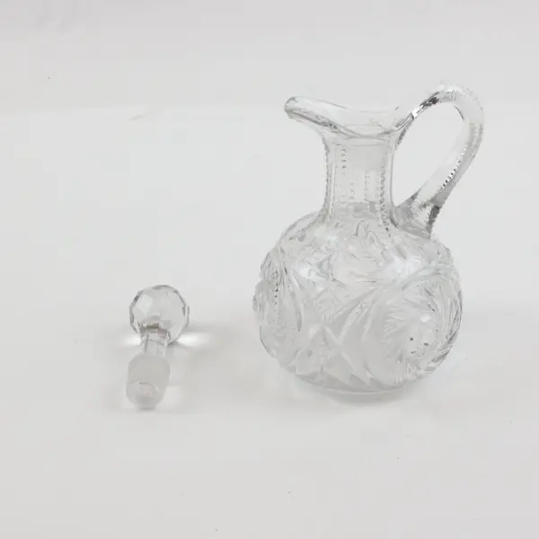 Cut Glass Oil & Vinegar Cruet with Faceted Stopper and Handle