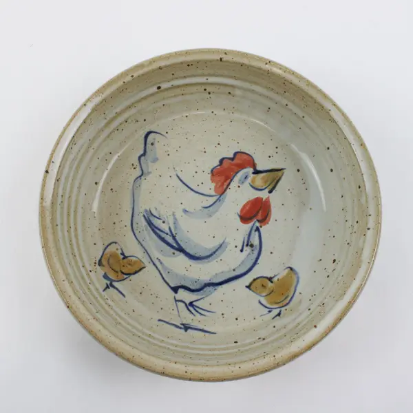 Hand-Painted Ceramic Bowl Beige Speckled Glaze Rooster Design