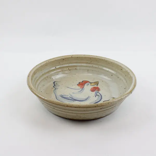 Hand-Painted Ceramic Bowl Beige Speckled Glaze Rooster Design