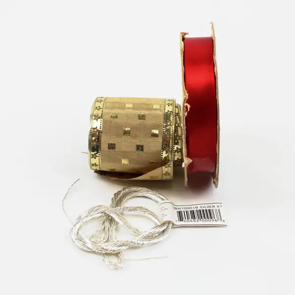 Lot of 3 Sewing Craft Accessories Red Ribbon Gold Ribbon Kreinik Silver Thread
