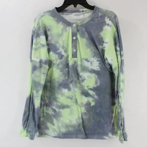 Ekouaer Women's Medium Neon Green Gray Tie Dye Henley Top