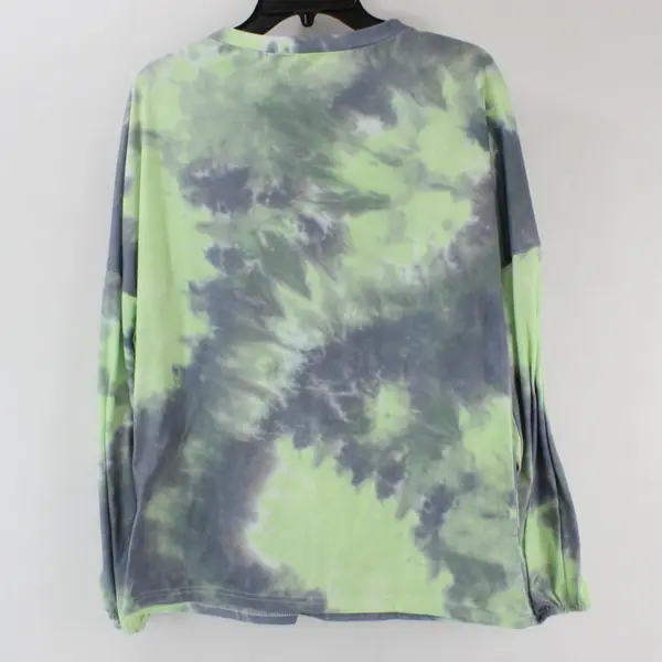 Ekouaer Women's Medium Neon Green Gray Tie Dye Henley Top
