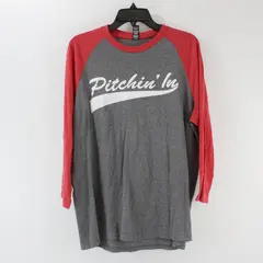 District Pitchin' In LUM'S Men's Large Red Gray Raglan Baseball Shirt