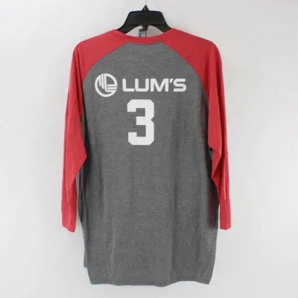 District Pitchin' In LUM'S Men's Large Red Gray Raglan Baseball Shirt