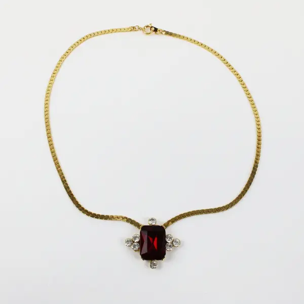 Gold Tone Herringbone Chain Necklace 8in Red Rectangular Pendant
