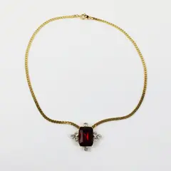 Gold Tone Herringbone Chain Necklace 8in Red Rectangular Pendant