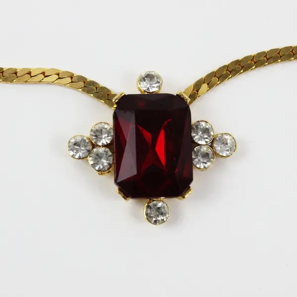 Gold Tone Herringbone Chain Necklace 8in Red Rectangular Pendant