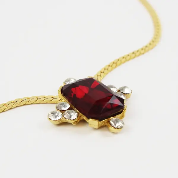 Gold Tone Herringbone Chain Necklace 8in Red Rectangular Pendant