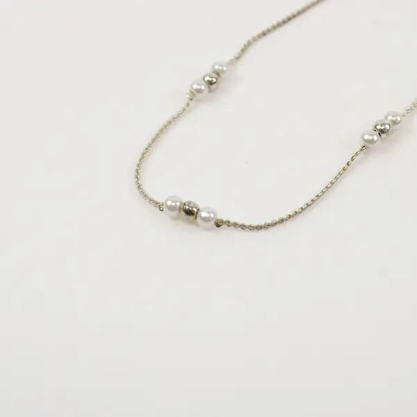 Silver-Tone Link Bracelet White Beads Metallic Sphere Accents