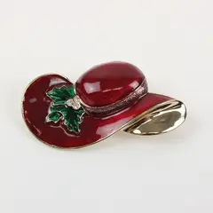 Vintage Red Enamel Gold Tone Hat Brooch Pin