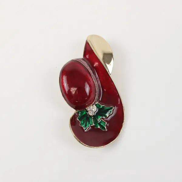 Vintage Red Enamel Gold Tone Hat Brooch Pin