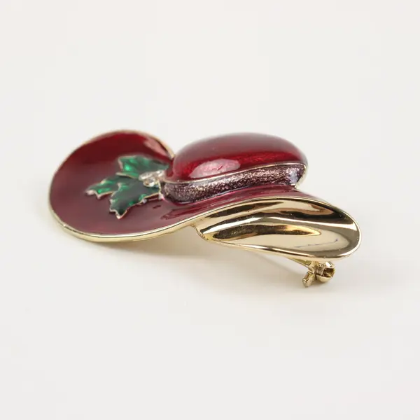Vintage Red Enamel Gold Tone Hat Brooch Pin