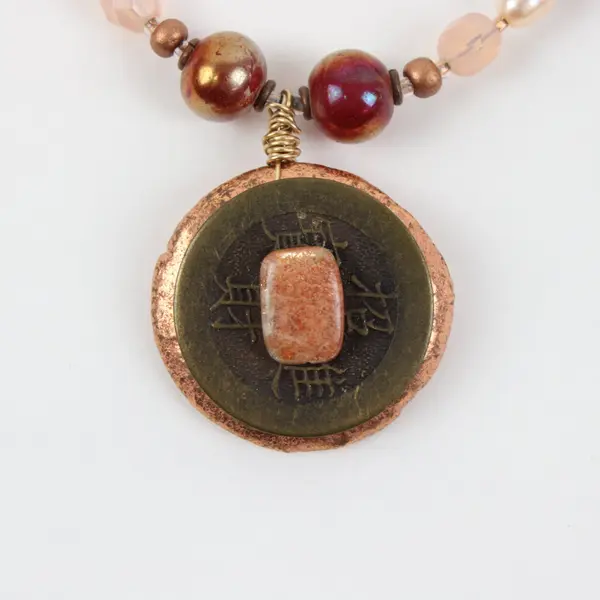 Beaded Statement Necklace with Coin Pendant Earth Tone Colors