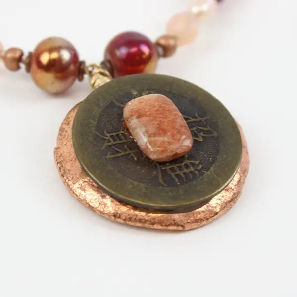 Beaded Statement Necklace with Coin Pendant Earth Tone Colors
