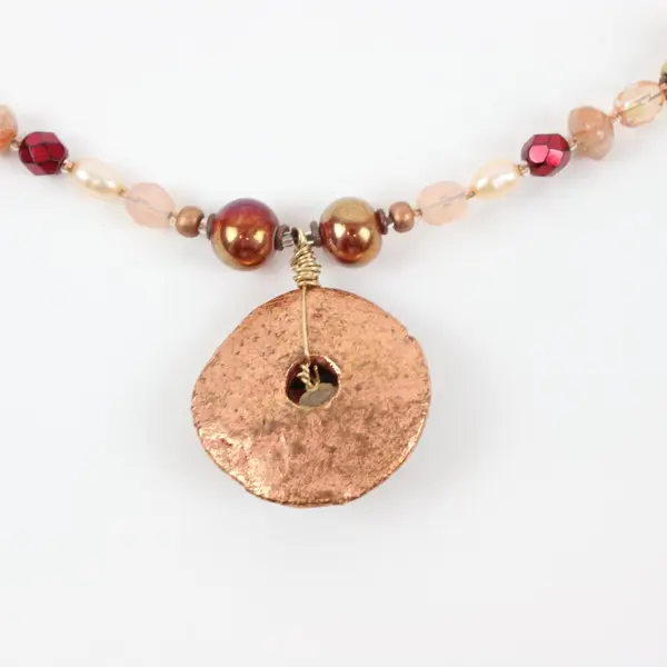 Beaded Statement Necklace with Coin Pendant Earth Tone Colors
