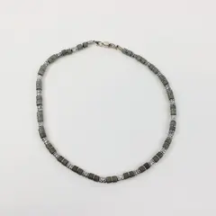 Gray Charcoal Beaded Necklace 20in Silver-Tone Textured Cylindrical Beads