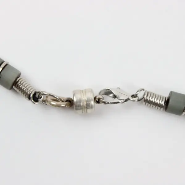 Gray Charcoal Beaded Necklace 20in Silver-Tone Textured Cylindrical Beads