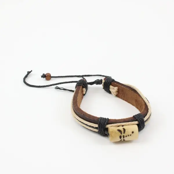 Brown Leather Tie Bracelet Etched Bone Dragonfly Accent