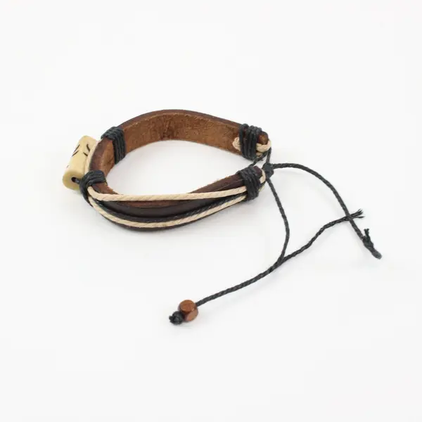 Brown Leather Tie Bracelet Etched Bone Dragonfly Accent