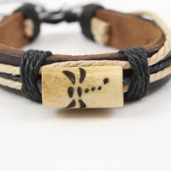 Brown Leather Tie Bracelet Etched Bone Dragonfly Accent