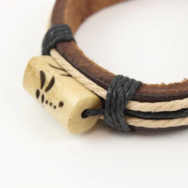 Brown Leather Tie Bracelet Etched Bone Dragonfly Accent