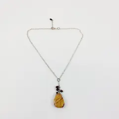 Silver Tone Chain Necklace Teardrop Yellow Brown Stone Pendant Costume