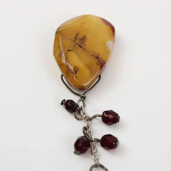 Silver Tone Chain Necklace Teardrop Yellow Brown Stone Pendant Costume
