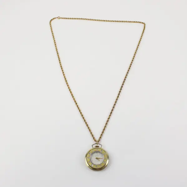 BERCO Vintage Mechanical Pendant Watch Gold Tone Clear Stone Bezel Rope Chain