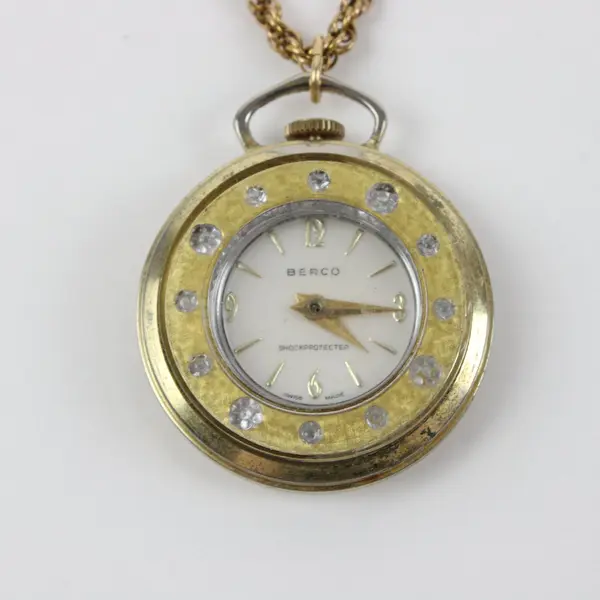 BERCO Vintage Mechanical Pendant Watch Gold Tone Clear Stone Bezel Rope Chain