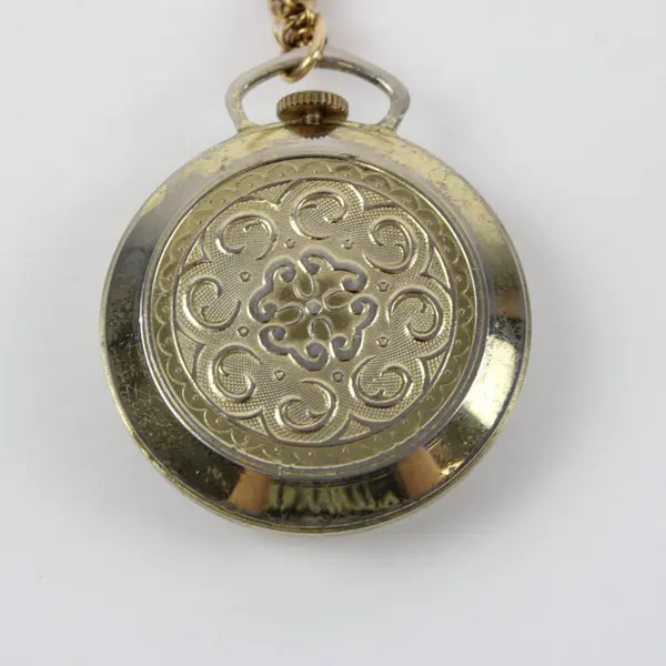 BERCO Vintage Mechanical Pendant Watch Gold Tone Clear Stone Bezel Rope Chain