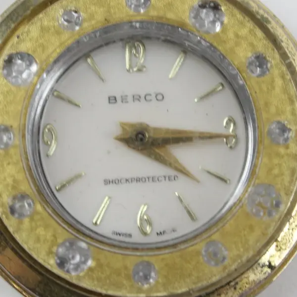 BERCO Vintage Mechanical Pendant Watch Gold Tone Clear Stone Bezel Rope Chain