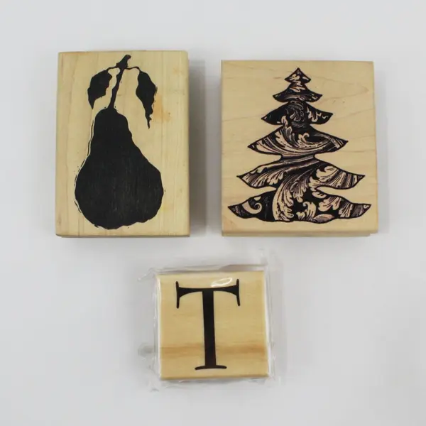 Michaels Lot of 3 Wooden Stamps Christmas Tree Pear Letter T