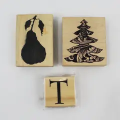Michaels Lot of 3 Wooden Stamps Christmas Tree Pear Letter T