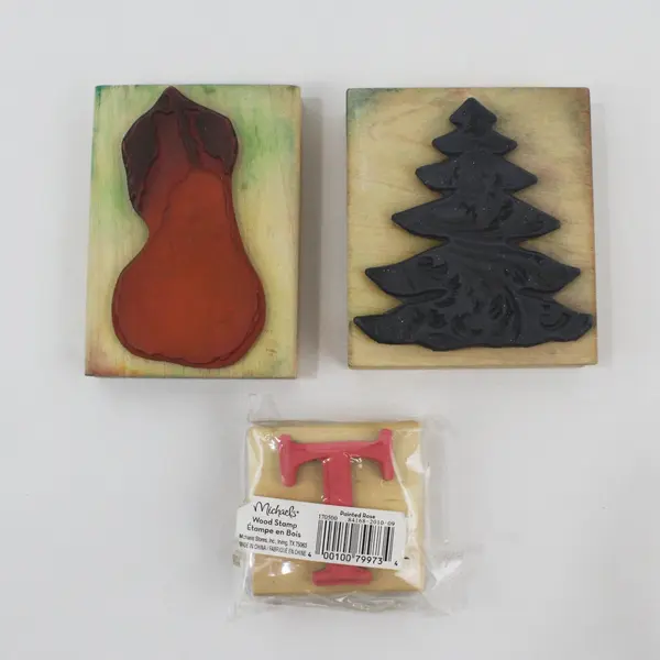 Michaels Lot of 3 Wooden Stamps Christmas Tree Pear Letter T