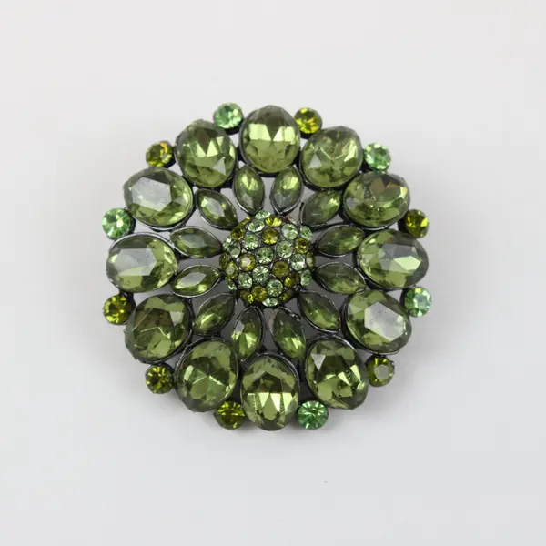 Round Layered Floral Brooch Starburst Faceted Olive & Light Green Stones