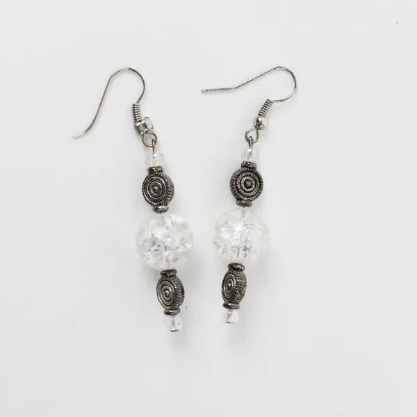 Handcrafted Dangle Earrings Clear Crackled Glass Beads Silver-Tone Spacers