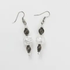 Handcrafted Dangle Earrings Clear Crackled Glass Beads Silver-Tone Spacers