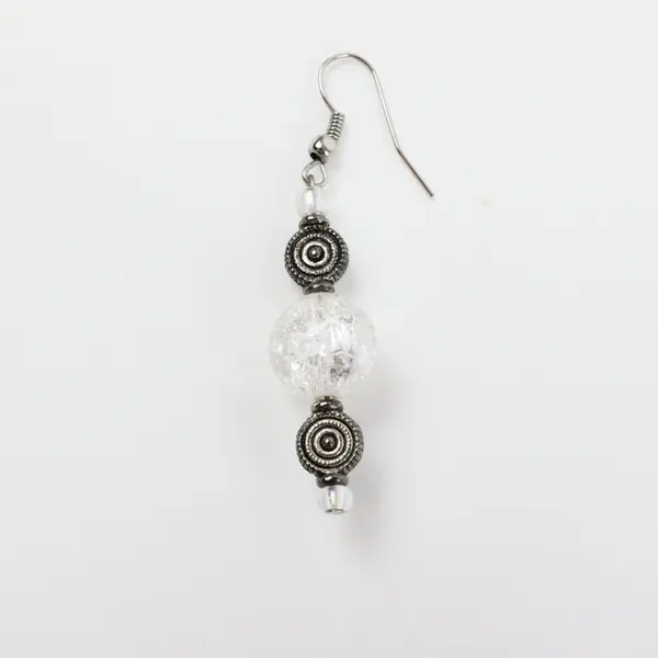 Handcrafted Dangle Earrings Clear Crackled Glass Beads Silver-Tone Spacers
