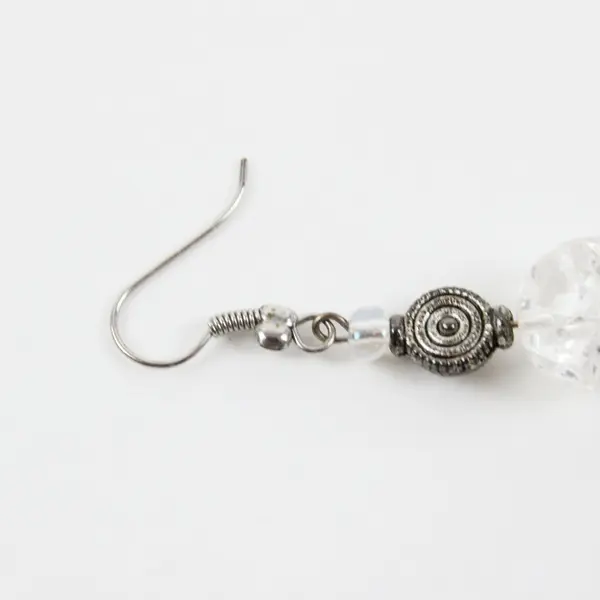 Handcrafted Dangle Earrings Clear Crackled Glass Beads Silver-Tone Spacers