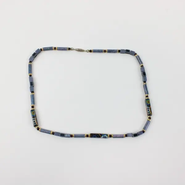 Unbranded Blue Beaded Necklace Cylinder Cube Multicolor