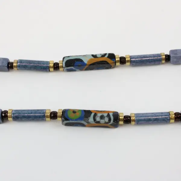 Unbranded Blue Beaded Necklace Cylinder Cube Multicolor