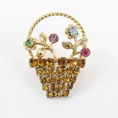 Vintage Gold-Tone Flower Basket Brooch Pin Multicolor Stones