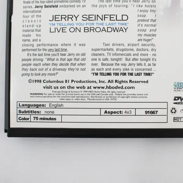 Jerry Seinfeld DVD Live On Broadway "I'm Telling You for the Last Time" Comedy 