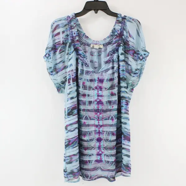 Unity World Wear Women's Embroidered Tunic Blue Purple Short Sleeve 2X