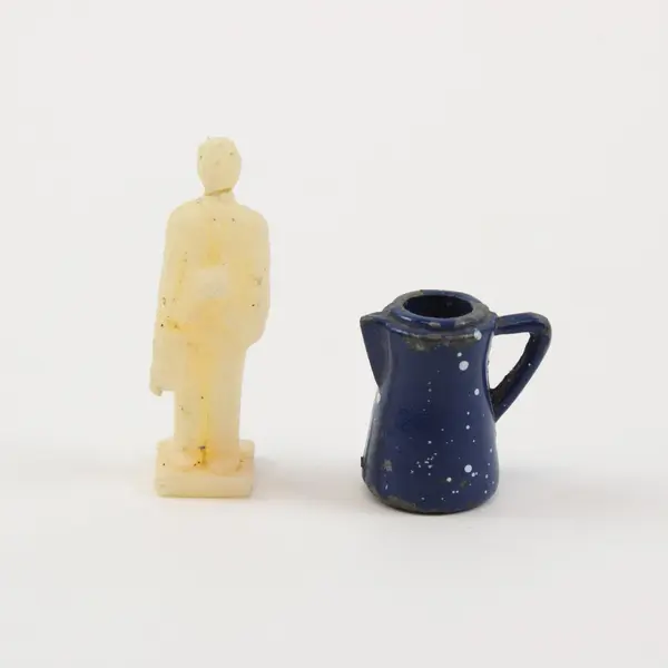 Lot of 2 Mini Man Figurine Briefcase Blue White Speckled Enamel Pot No Lid